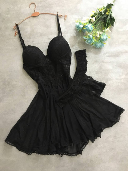 Lace Babydoll Chemise Set - Black