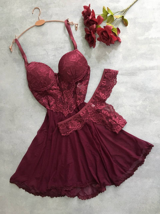 Lace Babydoll Chemise Set - Burgundy/Maroon
