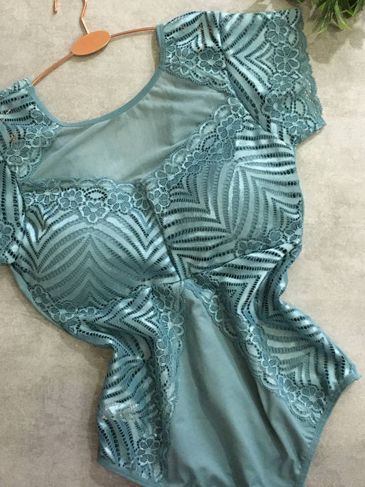 Lace-Detail Bodysuit  - Sage Blue