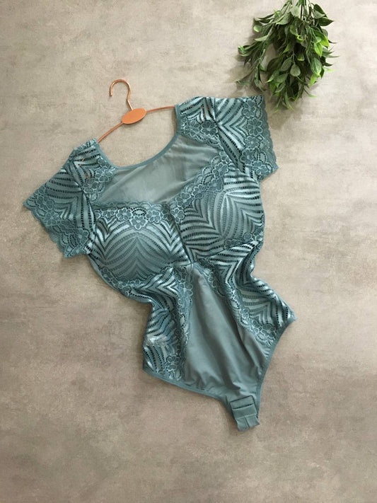 Lace-Detail Bodysuit  - Sage Blue