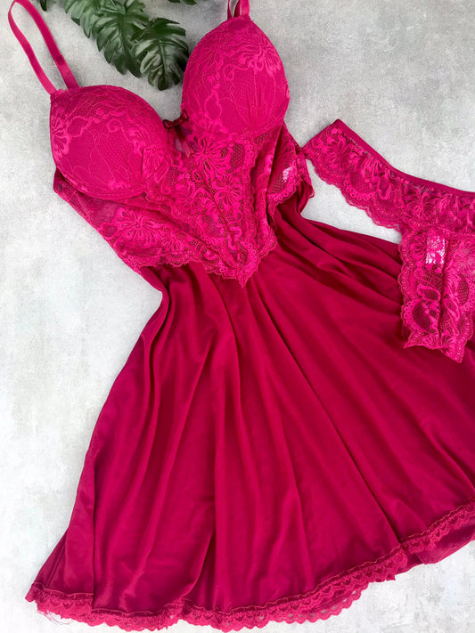 Lace Babydoll Chemise Set - Dark Pink